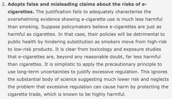 Adopts false and misleading claims about the risks of e-cigarettes  https://clivebates.com/documents/NLFlavours/Part2.pdf2/