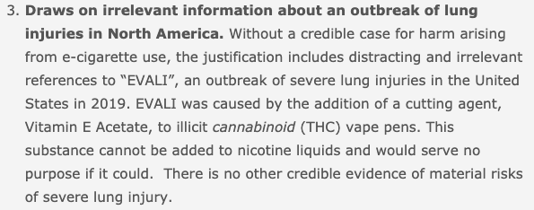 Draws on irrelevant information about an outbreak of lung injuries in North America https://clivebates.com/documents/NLFlavours/Part3.pdf3/