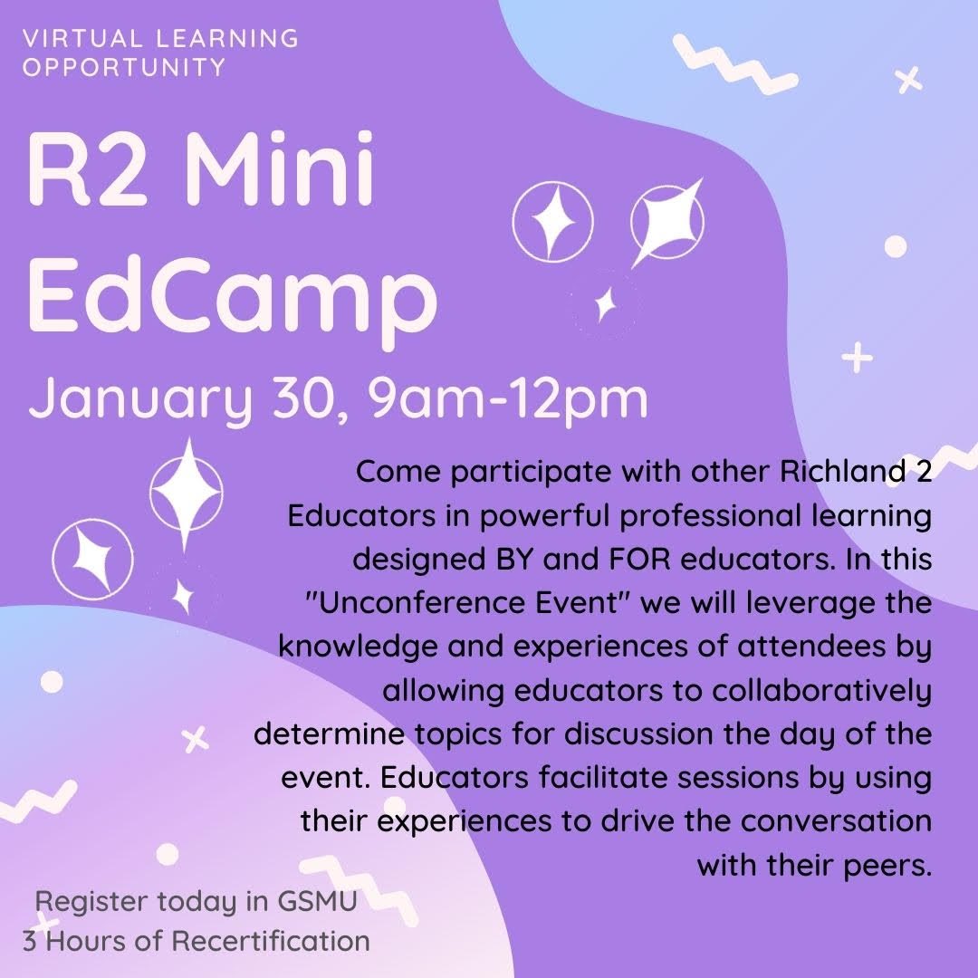 beyondintegr8's tweet photo. 3 reasons why you don't want to miss the upcoming R2 Mini Edcamp:
☑️ You determine the topics
☑️ Connect with other R2 friends to build your PLN
☑️Great giveaways (we have some goodies:)
Sign up in GSMU to claim your spot! #richlndtwo #r2miniedcamp https://t.co/LQQloLWQMH