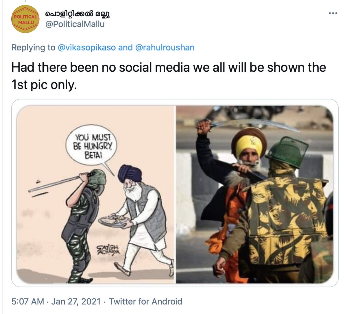 A lot of political commentators are patting themselves smugly on the back for noting how this incident is an inversion of the "police beating the elderly" trope that caught international attention in December (and was literally manipulated by Amit Malviye of the BJP then too)