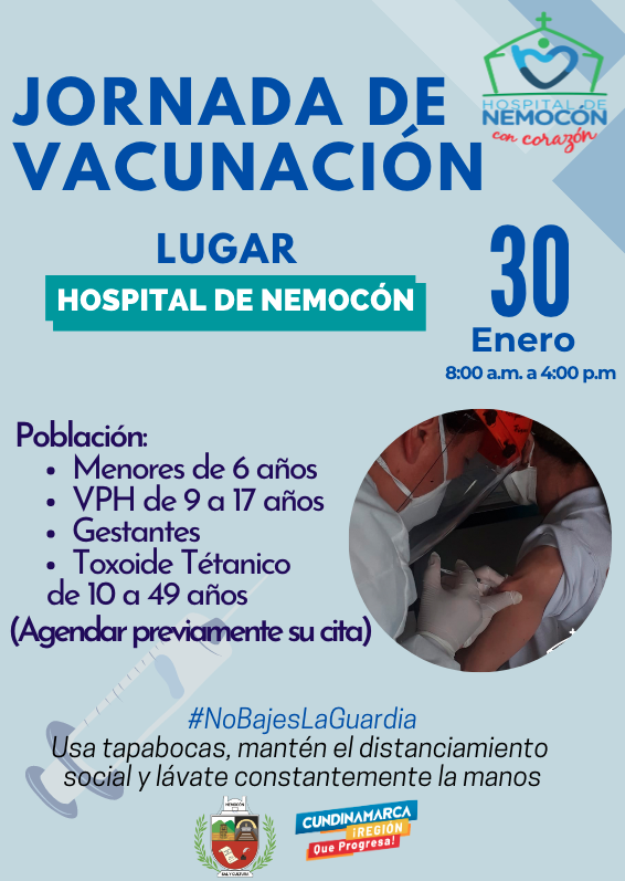 Tu salud es muy importante por eso te cuidamos y prevenimos🏥 Este 30 de enero realizaremos la 1º Jornada de Vacunación en el Hospital, recuerda que nosotros cumplimos con todas las medidas de bioseguridad pero cada uno es responsable de cumplir con los elementos.