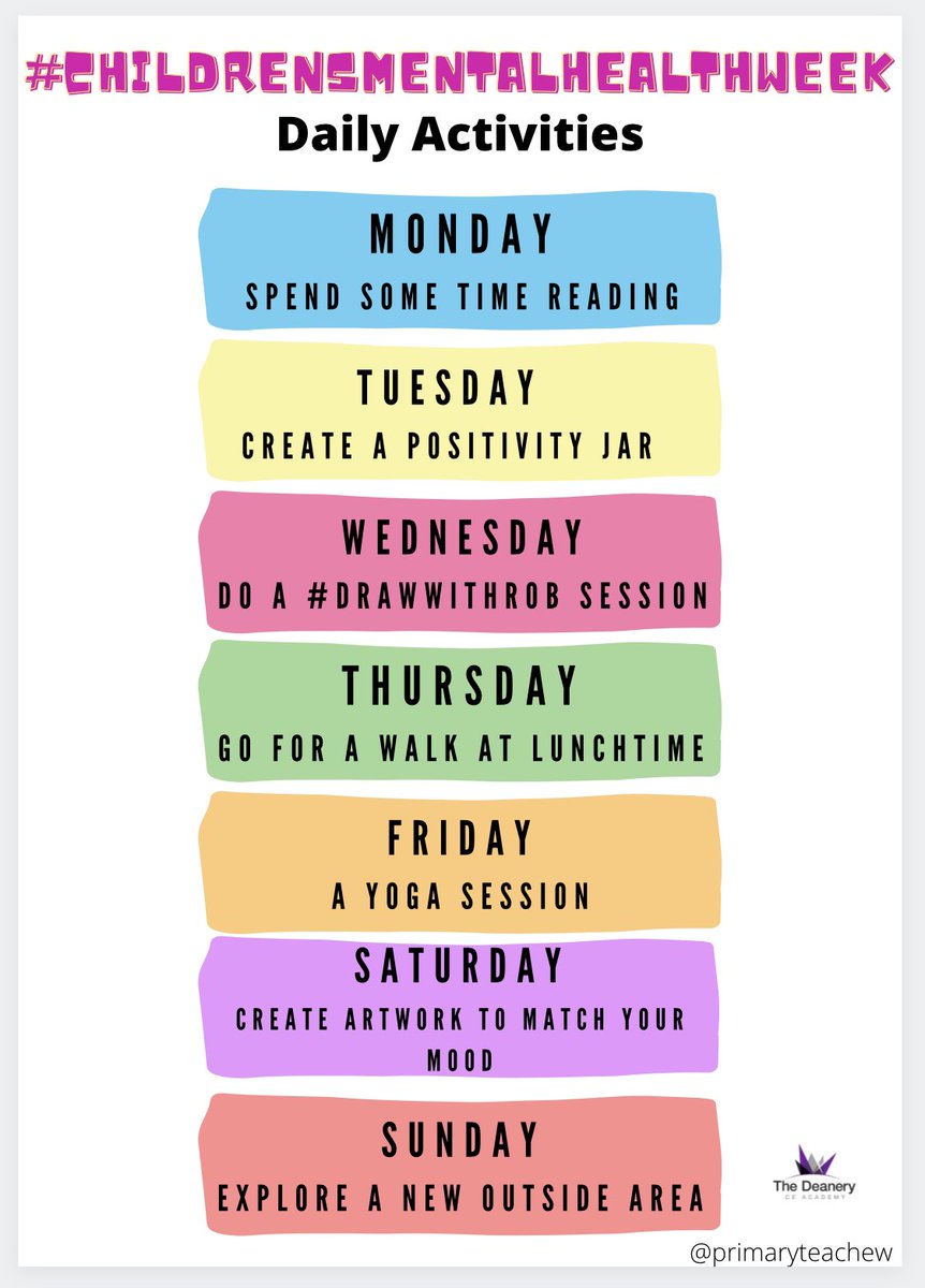 primaryteachew's tweet photo. With next week #ChildrensMentalHealthWeek I’ve created a daily activity sheet which helps children take time out of the day - and away from a screen - to focus on self care. 

Nothing revolutionary, but hopefully a prompt to get the body and brain to take time out 💫 https://t.co/sQVAu4ZiPt