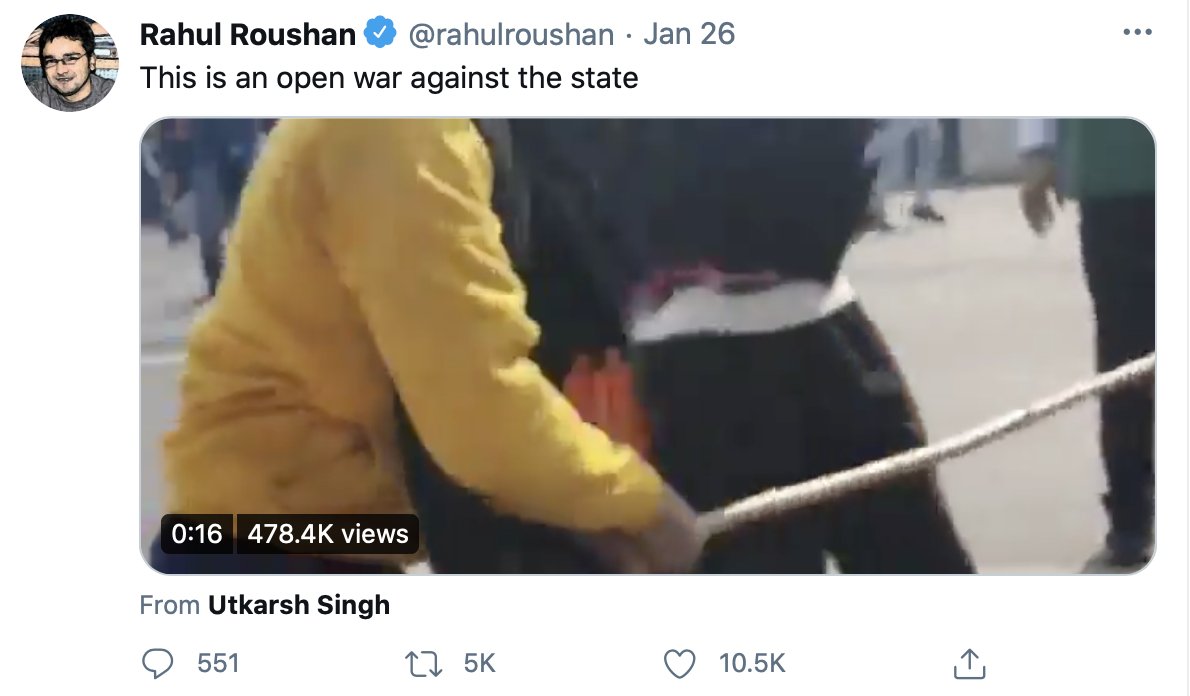 Meanwhile, look at the likes of Rahul Roushan (CEO of OpIndia):Back in December, he was championing the use of tear gas EVEN WHEN protests were entirely peaceful.He then posted one side of this and called it "open war against the state".And used it to demonize all Sikhs.