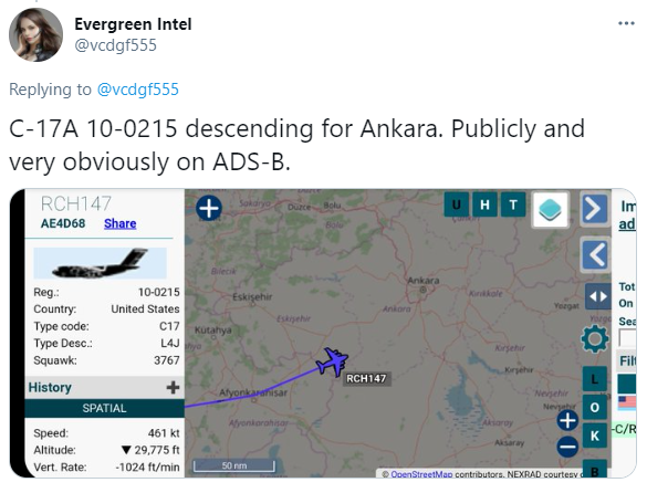 C-17A 10-0215  #AE4D68 did not return directly to Ramstein, however. It made a trip to Ankara, Turkey the next day. This flight had data openly transmitted via ADS-B signals that could be seen on  @adsbexchange. What they were doing over in Turkey is unknown.4/