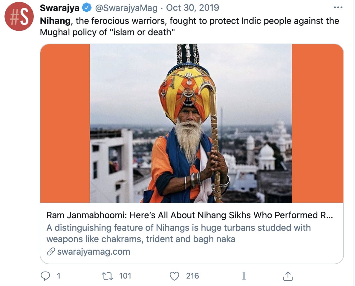 ...the first group in the historical record to try and reclaim the Babri Masjid of Ayodhya in the name of Ram was a jatha of Nihang-Singhs, who forcibly occupied it and got embroiled in a riot as police tried to vacate them, RW outlets like Swarajya heaped praise on them.