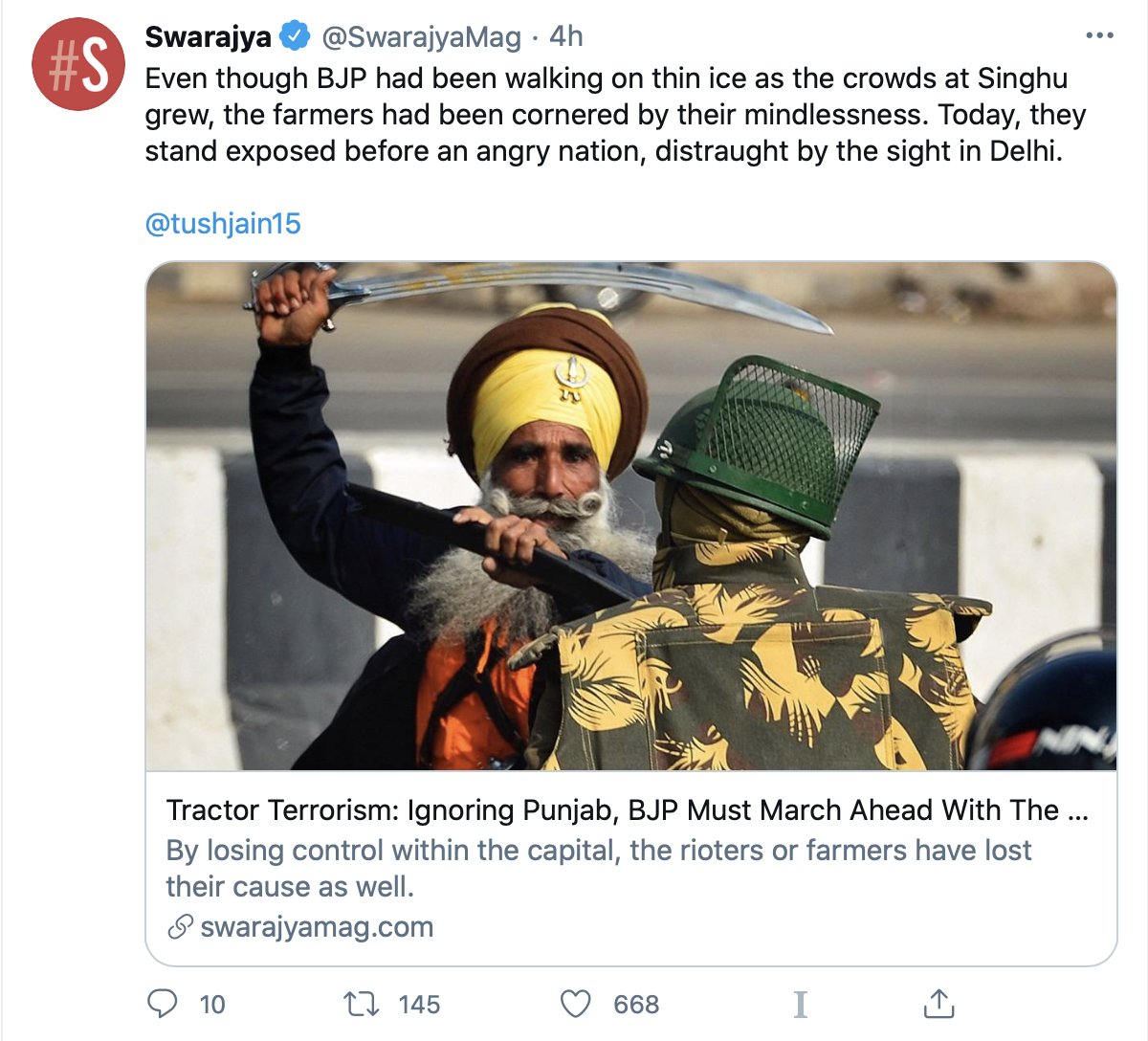 That occupation was technically illegal (it was recorded in a FIR) and actually was a time where Nihangs "struck first".Yet while covering this incident; Swarajya chose to make this Nihang-Singh their visible face of "Tractor Terrorism". Ironic?