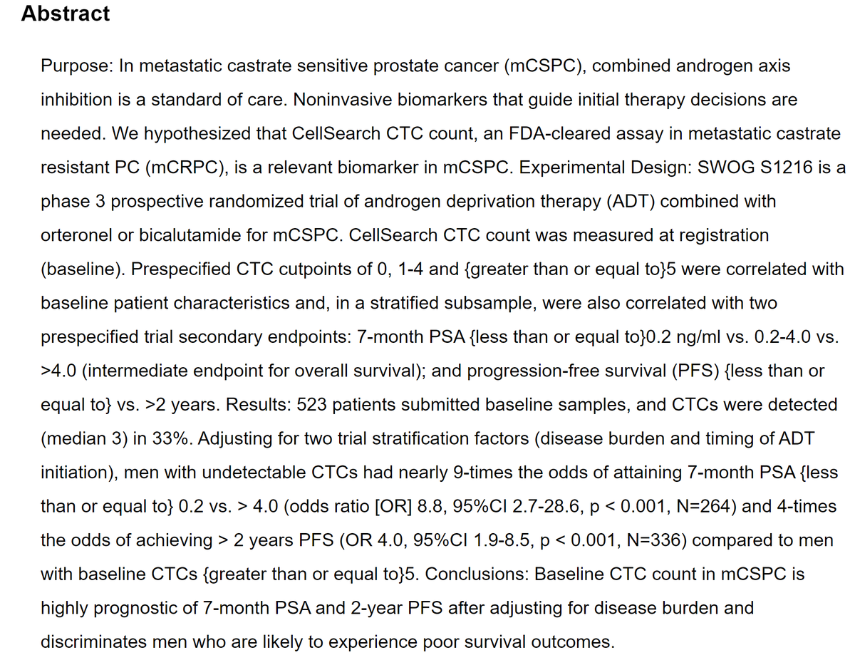 Our study in <a href="/CCR_AACR/">Clinical Cancer Research</a> today: 1st report from a federally funded prospective trial (<a href="/SWOG/">SWOG Cancer Research Network</a> S1216) in new metastatic #prostatecancer (mCSPC)👉showing tremendous negative impact of baseline CTCs on survival outcomes👇These men need novel trials bit.ly/3ojNWst <a href="/OncoAlert/">OncoAlert</a>