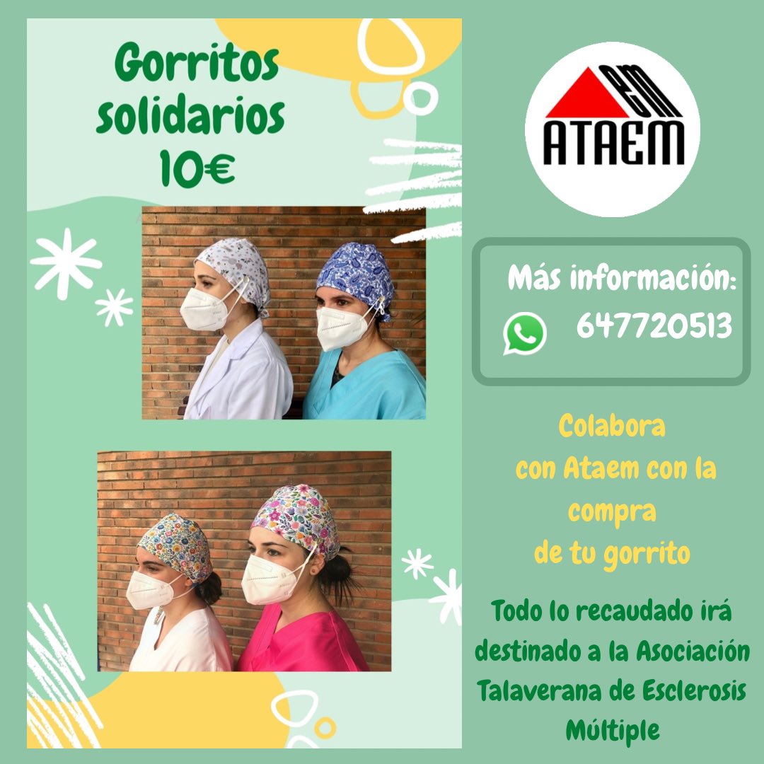 ataemtalavera's tweet photo. Venta de gorros solidarios con botones para adaptar la mascarilla y goma que se adapta a todas las tallas.

Si quieres colaborar con Ataem y conseguir el tuyo, ponte en contacto con nosotros a través de nuestro instagram, facebook o en los teléfonos:
 647720513 
925 808724 https://t.co/EGaH9u5lx3