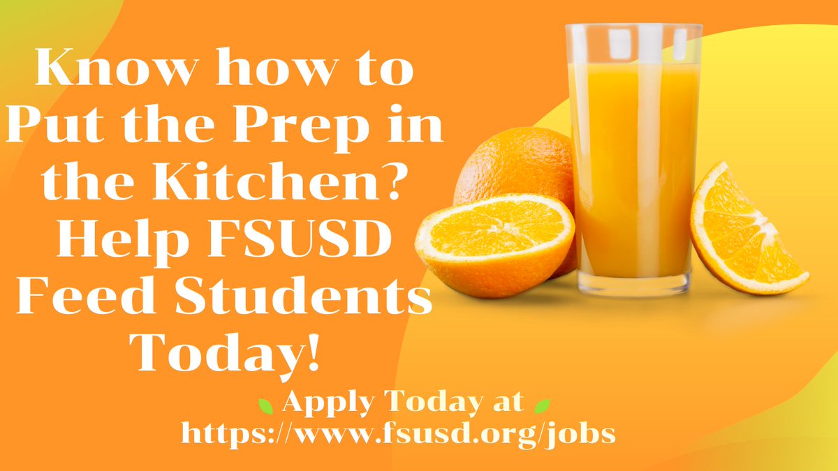 Join our Child Nutrition Team today and help feed the students in our community! fsusd.org/jobs
<a href="/FSUSDHR/">FSUSD HR</a> <a href="/FSUSD_Food/">Child Nutrition</a> <a href="/ErnaD_FSUSDHR/">Erna Diaz</a> @EquinoaTrish 
#jobopening #JobSearch #job #JobPosting #communitycare #community