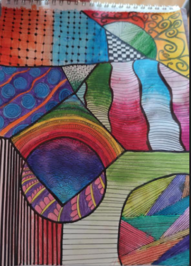 ARTatMMS's tweet photo. More #zentangle designs! Loving the bright colors, shading, and awesome designs students created. Students had free choice of media for this assignment- here are some choices other than colored pencil #middleschoolart #remotelearning #remoteart #artseducation @MTPSNJ @MTPSNJ https://t.co/e45erjcPH8