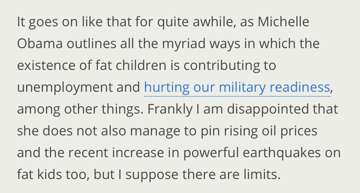 she asserted that one reason she wanted to focus on childhood obesity was not for health reasons but so that the US military would not decline in number down the line. she was focused on US imperialism.  http://blog.twowholecakes.com/2011/03/michelle-obama-blames-fat-children/