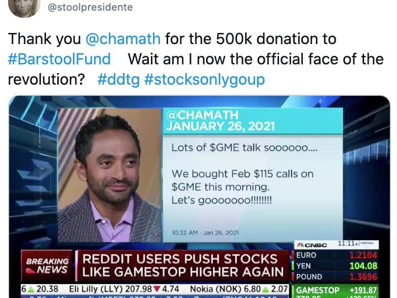 barstoolsports's tweet image. Holy Shit: Chamath Just Cashed Out His $GME And Is Donating ALL OF IT TO THE BARSTOOL FUND barstoolsports.com/blog/3290323/h…