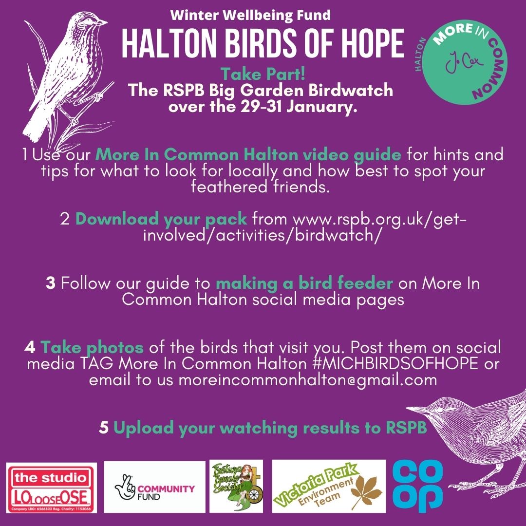 VictoriaParkBHG's tweet photo. Great to be part of the Birds of Hope Project @HaltonMore
@TheStudioWidnes @WEcic_
We will miss our @Natures_Voice
RSPB group bird count, thanks to @HesitantWeasel everyone can get involved from home
#MICHBIRDSOFHOPE
Video guides to feeders + birdwatching
https://t.co/BOLwkuIq3C https://t.co/FLjHABjsAB