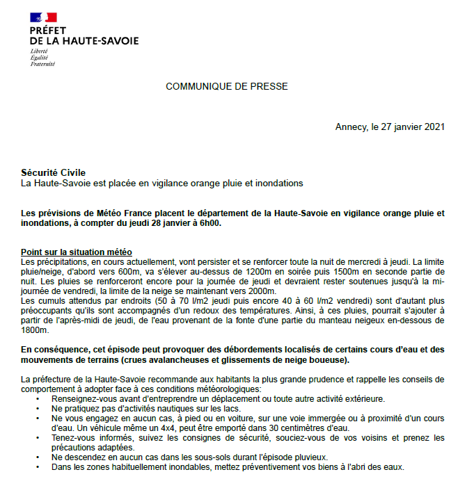 Prefet74's tweet photo. ⚠️La Haute-Savoie est placée en vigilance Orange #Pluie #Inondation à partir de ce jeudi, 6h. De fortes précipitations associées à la fonte des neiges liée au redoux pourront provoquer des débordements localisés de cours d’eau &amp; des mouvements de terrains.
Suivez nos conseils 👇 https://t.co/YO171U4tL4