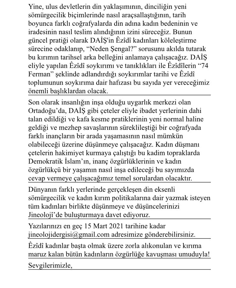 jineolojidergi's tweet photo. 21. sayımızın dosya konusu 
“Dincilik Eksenli Sömürgecilik ve Kadın Kırım Politikaları”
Yazmak isteyen tüm kadınları birlikte düşünmeye ve Jineolojî’de buluşturmaya davet ediyoruz.
Yazılarınızı 15 Mart’a kadar jineolojidergisi@gmail.com adresine gönderebilirsiniz.
Çağrı metnimiz: https://t.co/0kPDxwEdgY