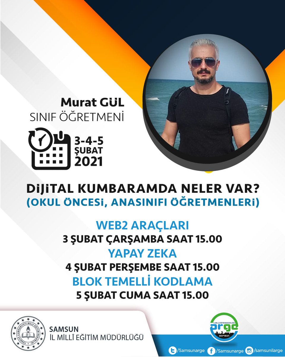 Okulöncesi ögretmenlerimiz için teknolojik donanım ve öğretim becerilerini geliştirmek amacıyla hazırladığımız kursumuza  öğretmenlerimizi bekliyoruz..
Başvurular 28 Ocak Perşembe saat 21.00 de Samsun Akademi de başlıyor. 👇

Samsunakademi.meb.gov.tr