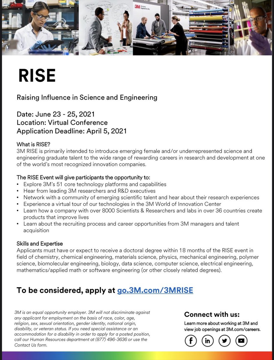 Jeff Ting (@j_ting1) on Twitter photo π©βπ¬π§βπ¬π¨βπ¬<a href="/3M/">3M</a> RISE applications open! Deadline 4/5: honorary virtual conference on 6/23-6/25
Senior grad students/postdocs: this is an awesome opportunity to be recognized, present your research, & learn about #lifewith3M from scientists & R&D executives.
ππ» go.3M.com/3MRISE π©βπ¬π§βπ¬π¨βπ¬<a href="/3M/">3M</a> RISE applications open! Deadline 4/5: honorary virtual conference on 6/23-6/25
Senior grad students/postdocs: this is an awesome opportunity to be recognized, present your research, & learn about #lifewith3M from scientists & R&D executives.
ππ» go.3M.com/3MRISE