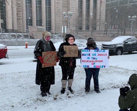 MOAFLCIO's tweet image. A little snow can’t stop our activism in fighting for Missourians! We continue to call on Senator Hawley to resign after his incitement of the insurrection at the Capitol riots. He is not representing Missourians! #ResignHawley