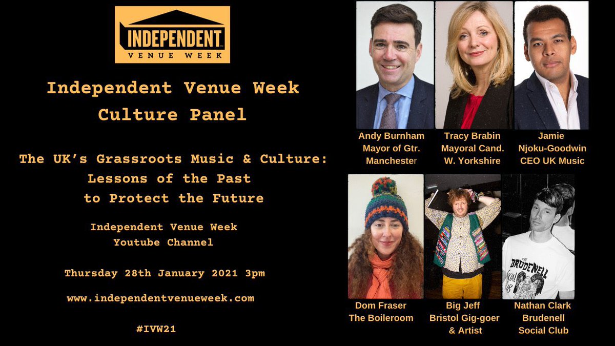 #IndependentVenueWeek's Culture Panel looking good. Thursday 28th 3pm

@AndyBurnhamGM @TracyBrabin @jnjokugoodwin @Nath_Brudenell @BigJeffJohns @BOILEROOM