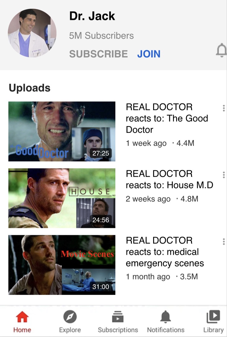 JACK SHEPHARD - His full time profession is his youtube brand. Jack is a doctor and he reacts to hospital tv shows, movie scenes and moments from pop culture, sharing his expertise on how these medical emergencies would really unfold and be treated in real life.