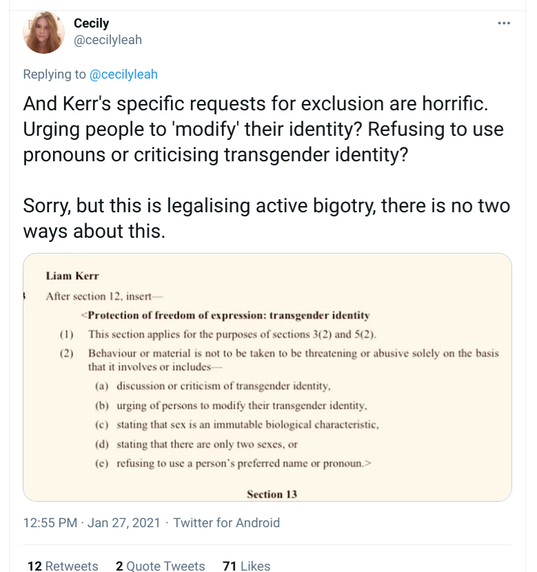 Here is Labour activist who is "floored" by the amendments, calling them "active bigotry".She's also furious a Labour MSP has the temerity to suggest that advocating for women's rights should not carry penal sanction.Thank you  @RhodaGrant for this amendment