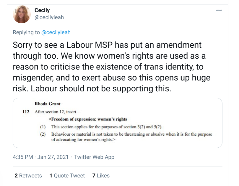 Here is Labour activist who is "floored" by the amendments, calling them "active bigotry".She's also furious a Labour MSP has the temerity to suggest that advocating for women's rights should not carry penal sanction.Thank you  @RhodaGrant for this amendment