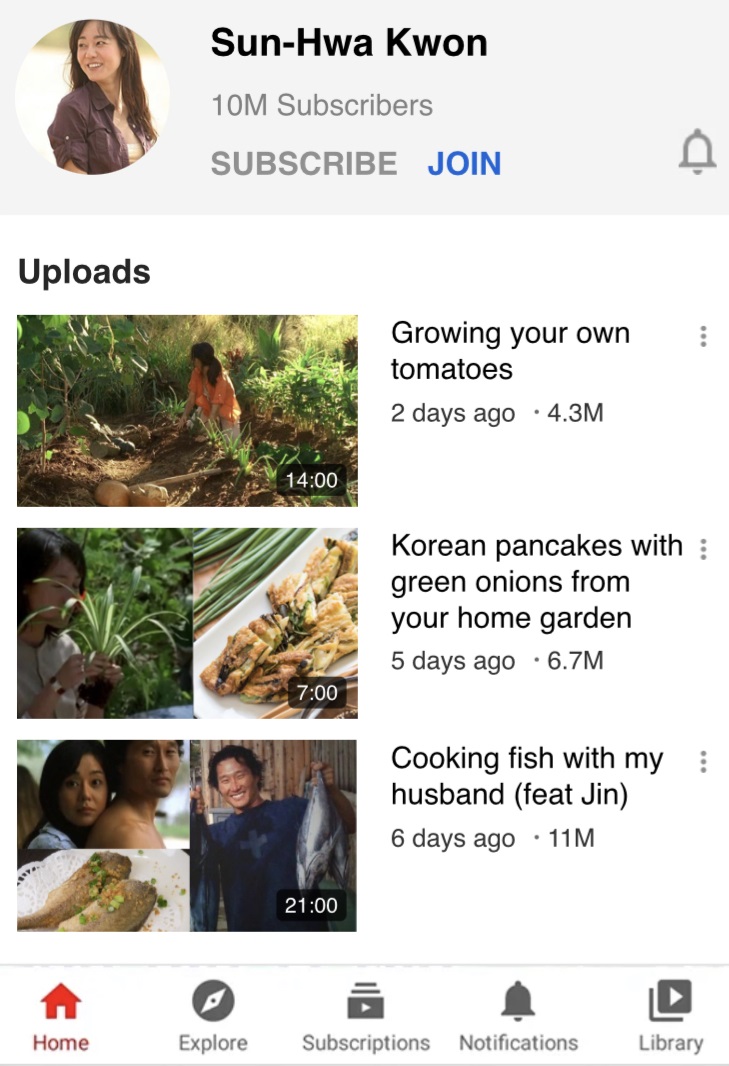 SUN-HWA KWON - Gardening and cooking youtuber. She shows you how to tend to a homemade garden and grow your own vegetables and herbs, and how to cook tasty dishes using these home grown ingredients. Her husband Jin appears in the videos and helps sometimes.
