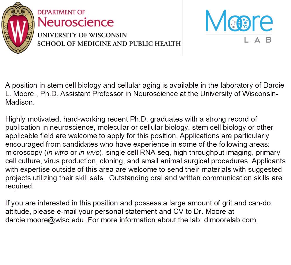 Job Alert! Exciting postdoctoral position in Darcie Moore's Lab @UWMadison neuro. Amazing opportunity to work with a fantastic mentor doing cool science! 👇👇👇👇👇 dlmoorelab.com