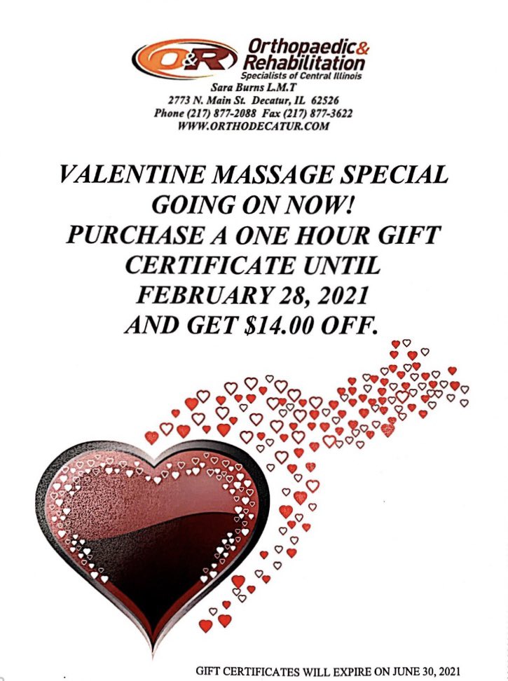 ORSCI_Decatur's tweet image. Looking for a Valentine's Day gift or some mid-Winter stress relief? Call our office at 217-877-2088 and ask about our Gift Certificates for Massage Therapy!

Click on orthodecatur.com/massage-therap… for more information.