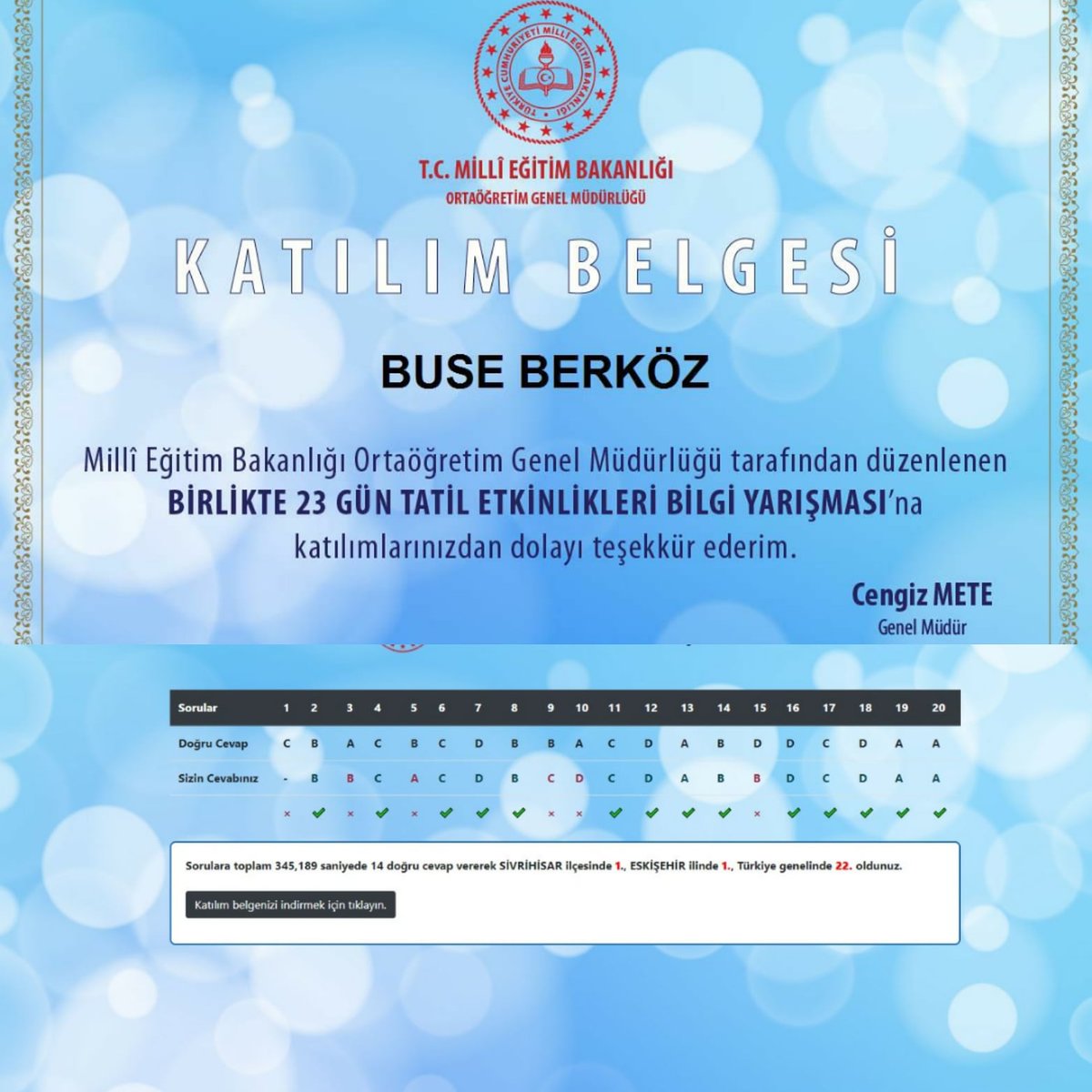 Birlikte 23 Gün Tatil Etkinlikleri Bilgi Yarışmasında 9. sınıf öğrencimiz Buse BERKÖZ Sivrihisar ve Eskişehir'de birinci, Türkiye genelinde ise yirmi ikinci olmuştur. Öğrencizi tebrik eder, başarılarının devamını dileriz. @aakinci26 <a href="/hkncrt1/">hkncrt</a>