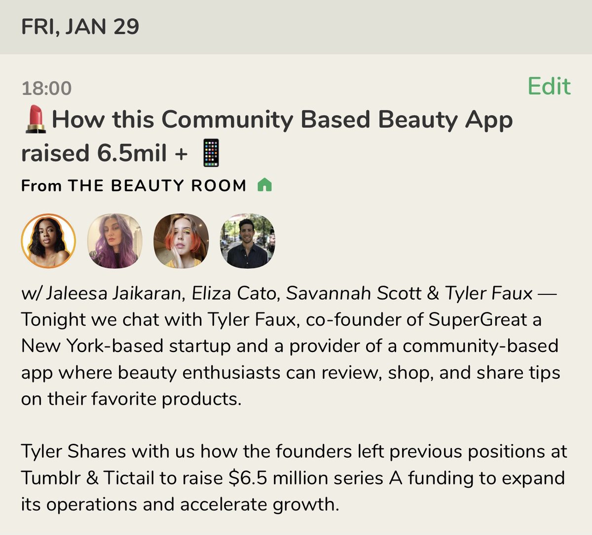 Tyler Faux (@tbfaux) on Twitter photo Looking forward to this conversation with one of our hosts, <a href="/JaleesaJaikaran/">jaleesa jaikaran</a>, in the Beauty Room on Clubhouse on Friday at 6pm ET (with <a href="/VanzillaScott/">Savannah Scott</a>!) Looking forward to this conversation with one of our hosts, <a href="/JaleesaJaikaran/">jaleesa jaikaran</a>, in the Beauty Room on Clubhouse on Friday at 6pm ET (with <a href="/VanzillaScott/">Savannah Scott</a>!)