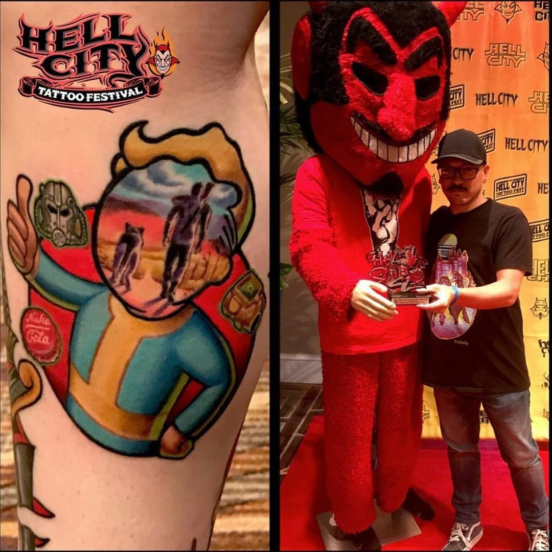 HellCity's tweet photo. @marcdurrant tattooing his client, tattoos and award winning New School tattoo from Hell City Phoenix 2018.#hellcity2018 #hellcitytattoofest #tattooartist #hellcityphoenix #hellcityatthebiltmore #marcdurrant #newschool #hiddenlosangeles #zelda #fallout #calvinandhobbes #starwars https://t.co/AgzwCIlEcm