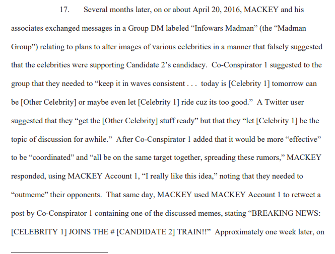 There were multiple chat rooms engaged in avoiding the suspensions and spreading falsehoods about celebrities supporting Trump.