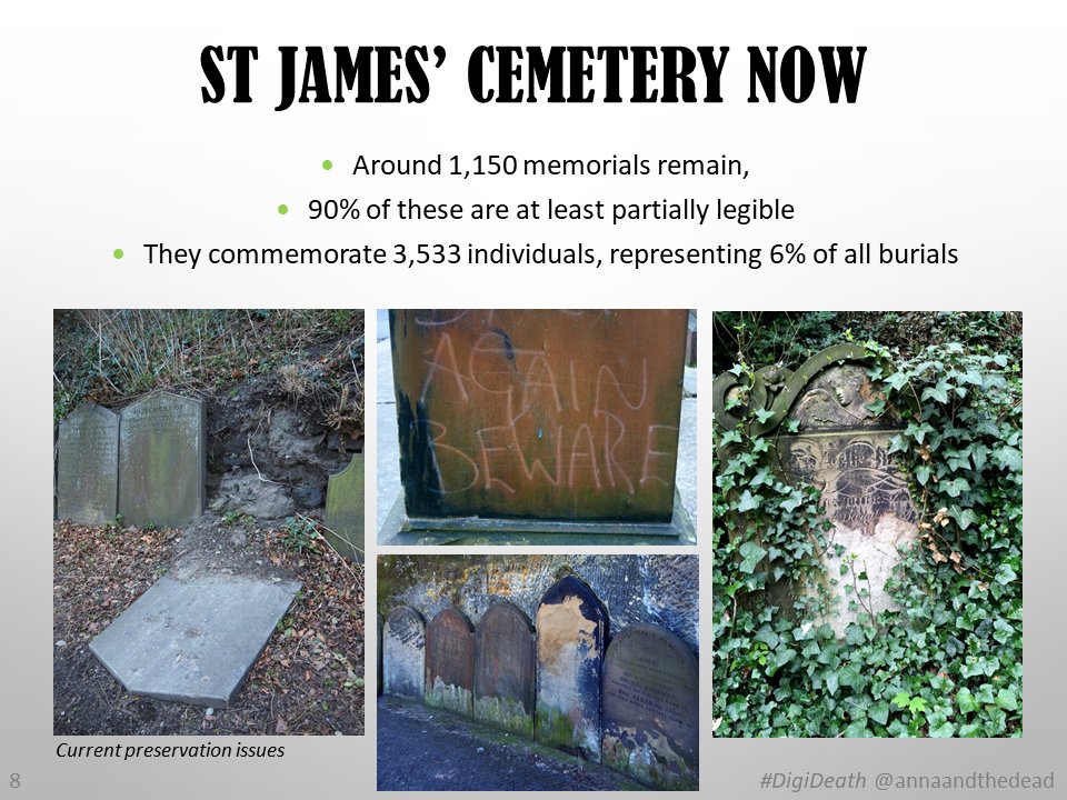 8/ Around 1,150 memorials remain, mostly sandstone headstones & ledgers, but there are some larger monuments. Catacombs are bricked over w/little text remaining. I created a map & recorded key info. I also accessed the archived burial statistics  @Lpoolcentlib  #DigiDeath
