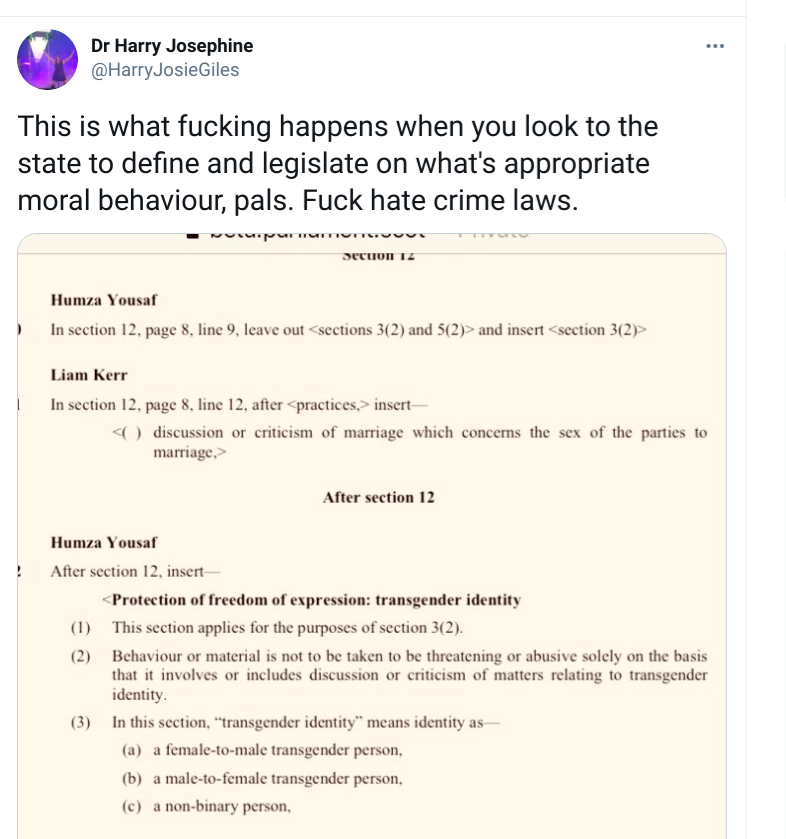 Harry Giles is having a totally proportionate reaction.Hate crime "doesn't protect" them. Well, it really doesn't protect women, but Engender's guest "feminist" thinker isn't really stopping to think about us...