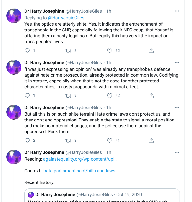 Harry Giles is having a totally proportionate reaction.Hate crime "doesn't protect" them. Well, it really doesn't protect women, but Engender's guest "feminist" thinker isn't really stopping to think about us...