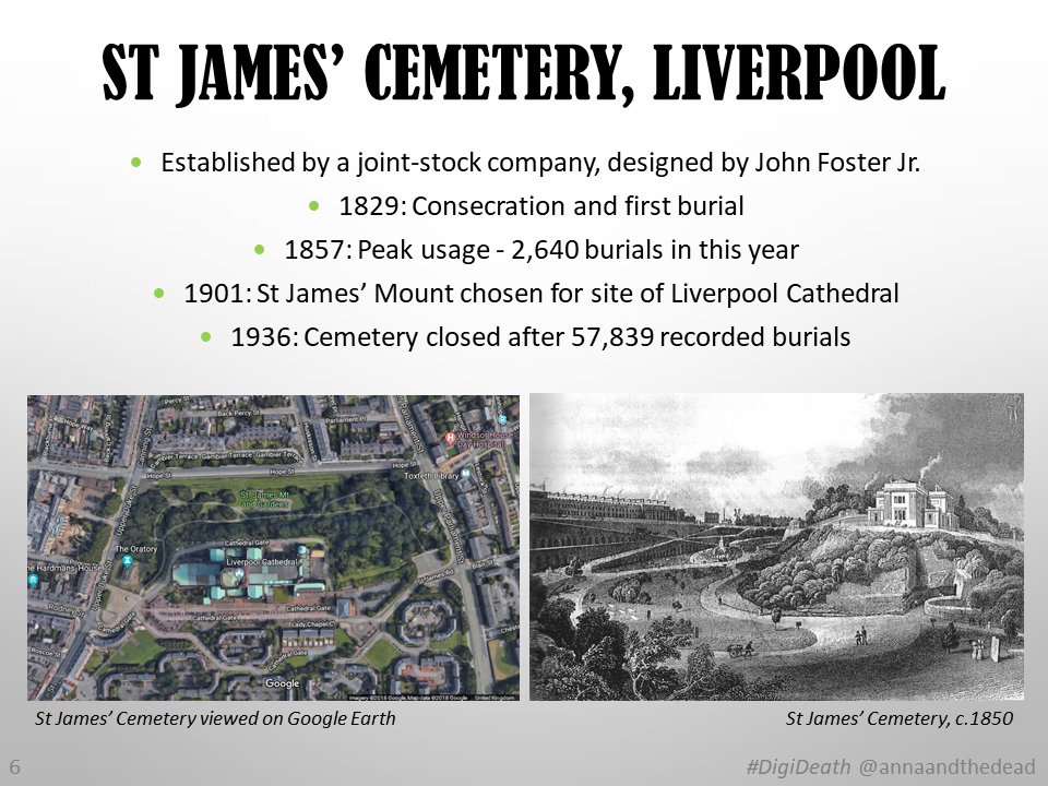 6/ Now to  #Liverpool: St James’ was one of Britain’s earliest garden cemeteries. Located in a former quarry, now alongside  @LivCathedral. Consecrated in 1829 it was an immediate success. Usage declined from end of C19th, closed in 1936 after 57,839 recorded burials  #DigiDeath