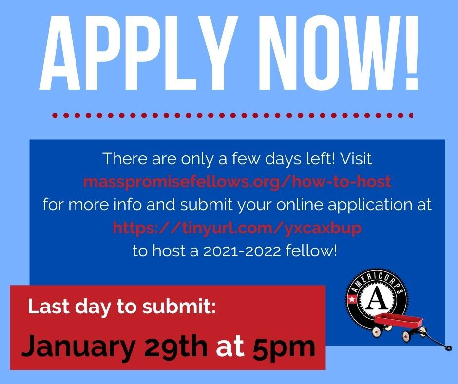 MassPromise's tweet photo. The deadline to submit an application to host a 2021-2022 fellow is almost here! Submit here: https://t.co/4yacOirdsO or go to https://t.co/c726ctwKWk for more info! https://t.co/C9gGRduX9j