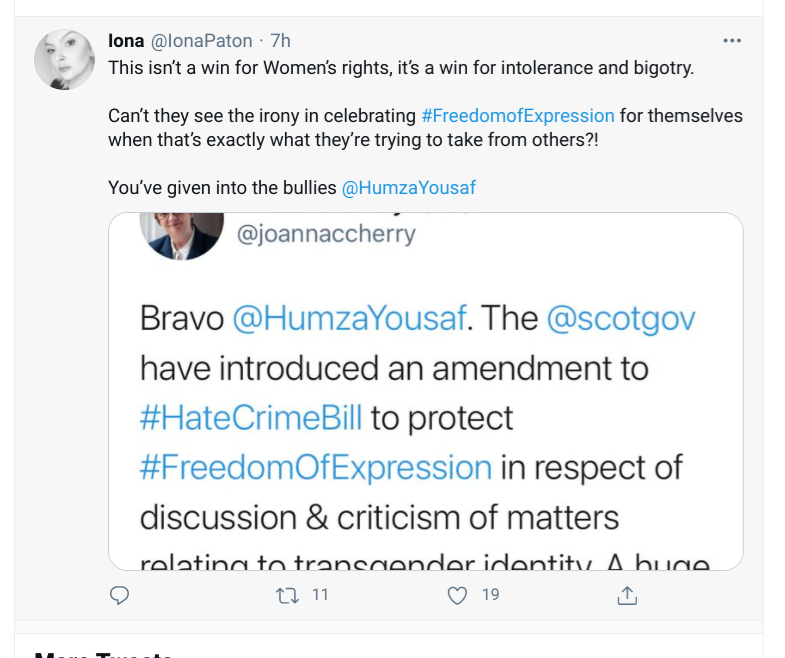 Iona Paton, who has a dubious track record of smearing  @joannaccherry, is still saying that talking about women's rights is "intolerance and bigotry"She was also hoping to use the stirring up offence to prosecute Joanna. https://www.thescottishsun.co.uk/news/4232615/snp-mp-joanna-cherry-politically-motivated-smears-bully-complaints/