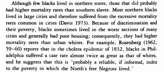 As Douglas Ewbank articulated in his 1987 study of Black child and adult mortality, Black folks in the 19th century, regardless of being free or enslaved, were more adversely hit by cholera and typhoid epidemics than White people.