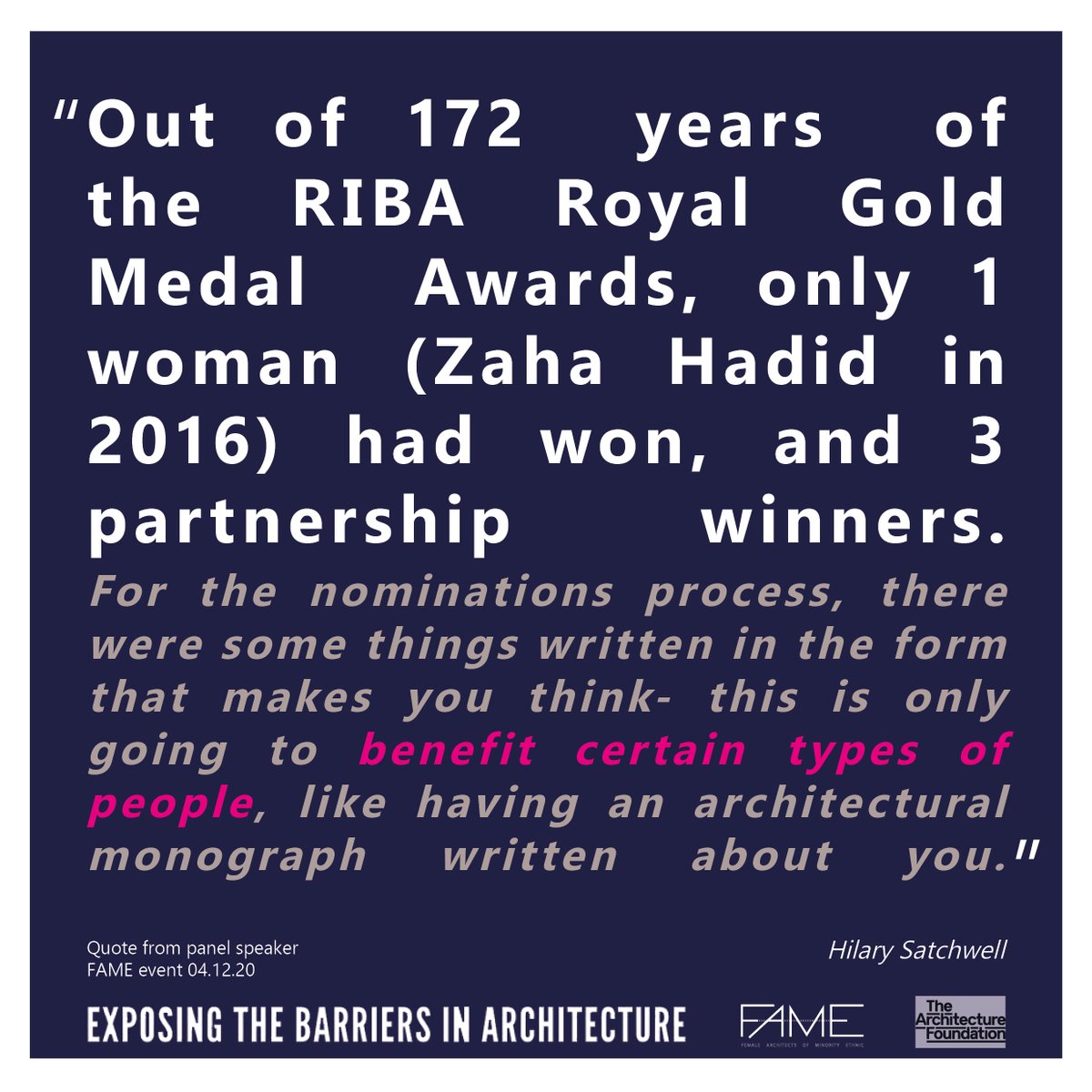 collective_fame's tweet image. Link to FAME's event 04.12.20:‘Exposing the barriers in architecture’ hosted by @ArchFoundation; discussions with @Satchers @PartWCollective.Presented by @Tumpa_Fellows.youtube.com/watch?v=wfl0qc…
#architectureforall #diversity #architectureforchange #empoweringwomen #FAMEcollective