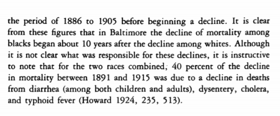 To wit: Mortality rates for Black people in Baltimore only began to decline a decade after White folks saw declines in their mortality rates. Because Black folks were faced with viral genocide as well as impacts from Jim Crow segregation.