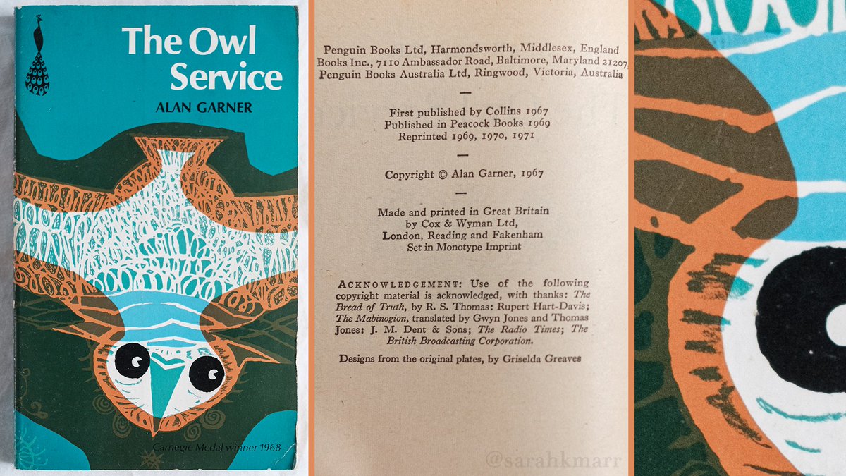 "The Owl Service", Alan Garner, Peacock Books, 1969, reprinted 1969, 1970, 1971—This is harder to find than most. I thought it predated the television tie-in, but seemingly not. My current theory is that '69/'70 were photo-covers, and '71/'72 had this cover.— #OwlService 8/22