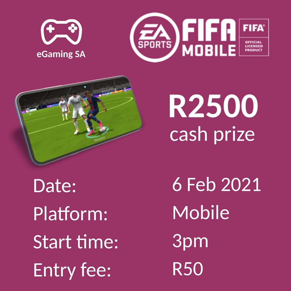 🎮 FIFA21 Mobile eCup ⚽️

Format: FUT
Win R2500 in cash prizes

Enter here: egamingsa.com/event-details/…

Download app here: play.google.com/store/apps/det…

#fifamobile #esports