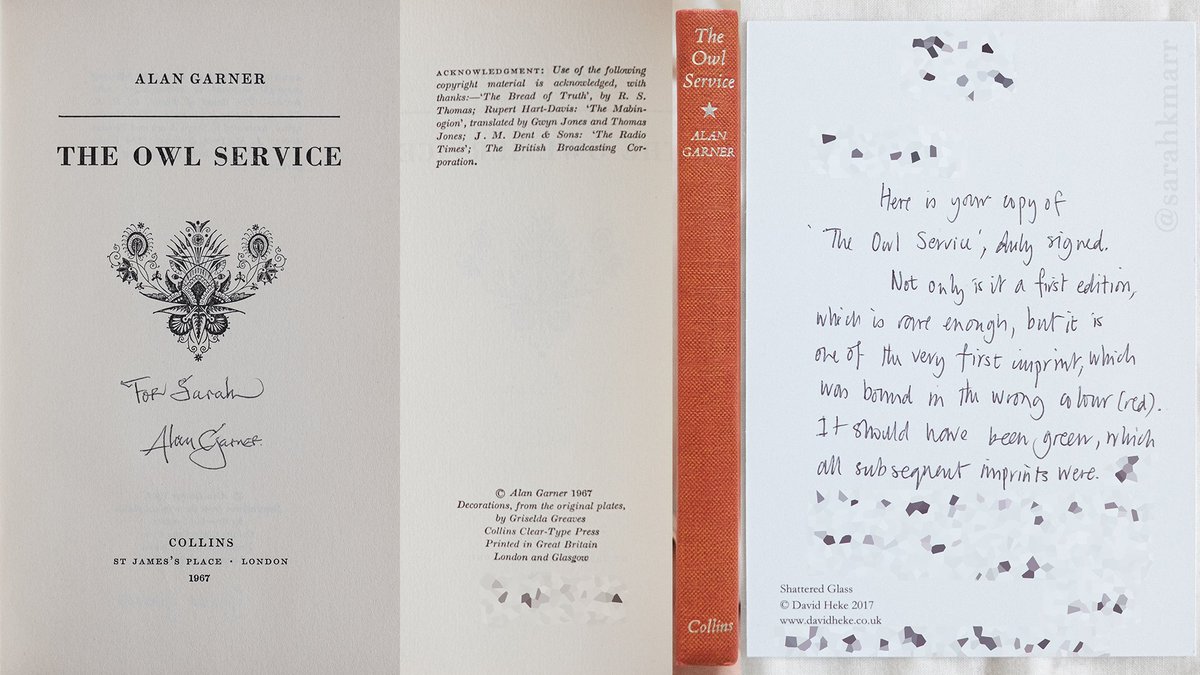 "The Owl Service", Alan Garner, Collins, 1967—Alan & Griselda signed this copy for me. (I've pixelated Griselda's signature as it's not already on the internet.) A note from Griselda which might be of interest. I like the red binding, even if it's a mistake.— #OwlService 4/22