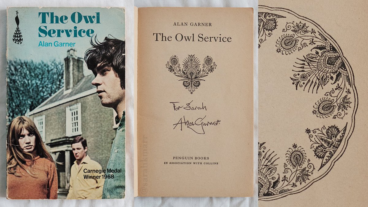 "The Owl Service", Alan Garner, Peacock Books, 1969—The cover shows Gwyn, Roger and Alison (Michael Holden, Francis Wallis and Gillian Hills). This copy is also signed, and here's (half of) the paperback's version of the famous plate design.— #OwlService 6/22