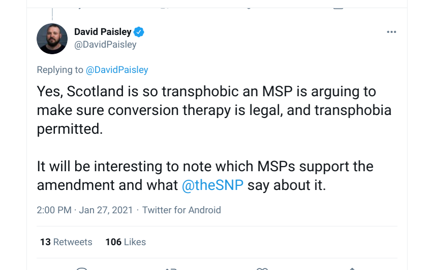 An actor writes that Scotland is about to allow "conversion therapy" (allowing discussion of watchful waiting rather than affirmation and drugs, the devastating results of which were exposed in Bell case).Apparently this means "transphobia is permitted". It's pronouns (again).