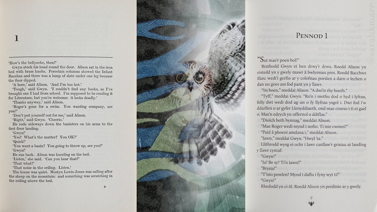 "Llestri'r Dylluan", Alan Garner, trans.  @BethanGwanas, Atebol, 2018—To give a feeling for the translation of Garner's "The Owl Service", here are the opening pages from the first edition and the Welsh language edition.— #OwlService 13/22