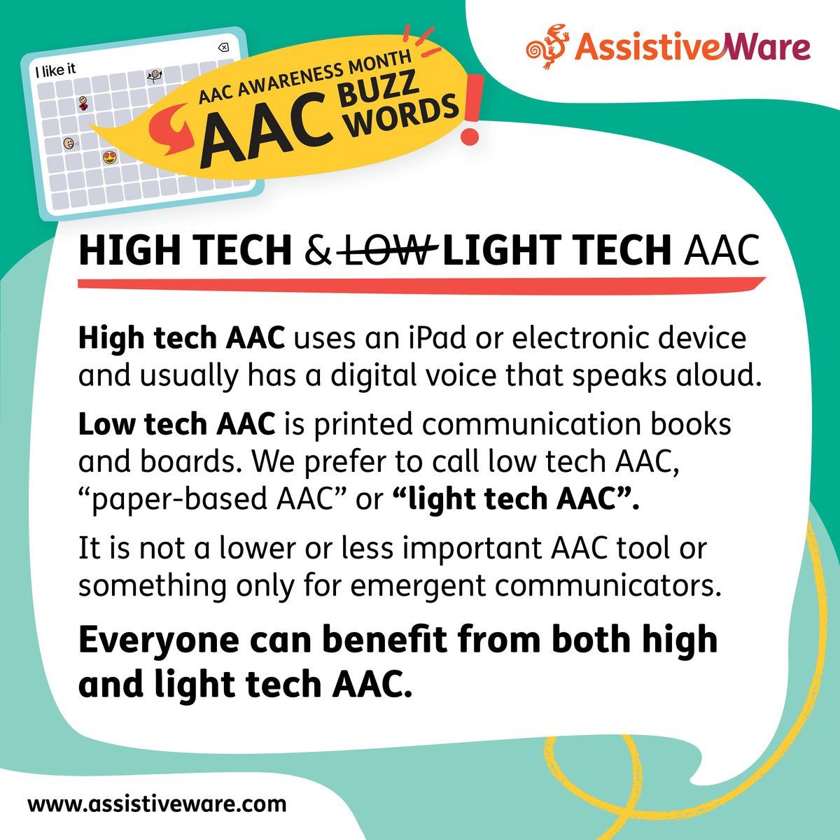 AssistiveWare's tweet photo. It's a good opportunity to ask #ATIA2021 to consider replacing "low" tech with light or better yet, "paper-based" AAC. https://t.co/QoM7rqjepi