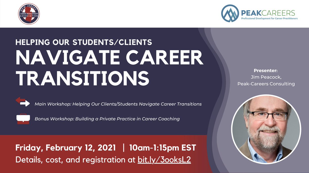 theNJCDA's tweet image. Sometimes, the only predictable thing is that life is unpredictable. Wondering how to help your clients through the unknown? Join @theNJCDA and @PeakCareers for our upcoming #transitiontheory workshop - register by Fri, Jan 29 for early bird pricing! bit.ly/3ooksL2